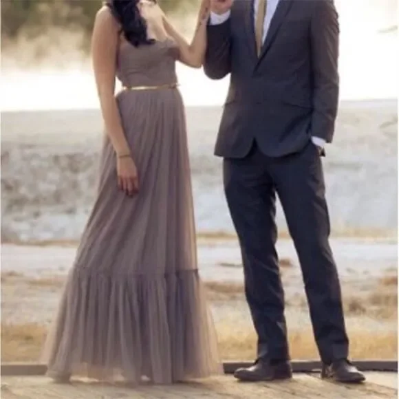 BHLDN Grey Niceties Tiered Tulle Sweetheart Corset Bodice Gown Event Holiday SZ4 - Picture 5 of 16